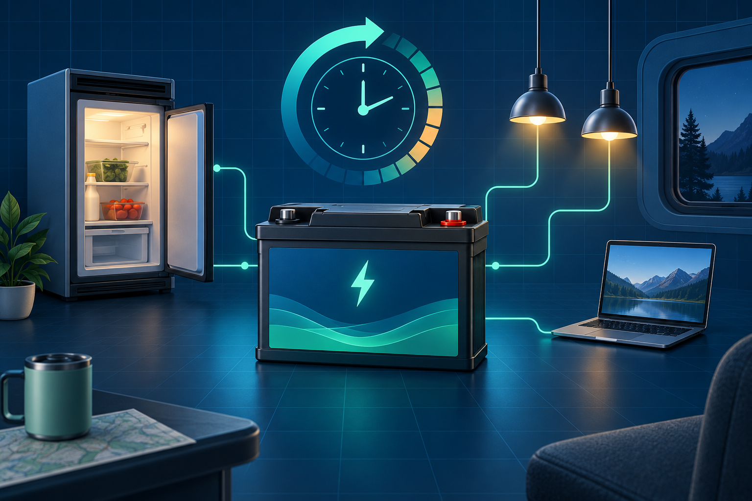 100Ah lithium battery powering RV refrigerator lights and laptop with a runtime gauge