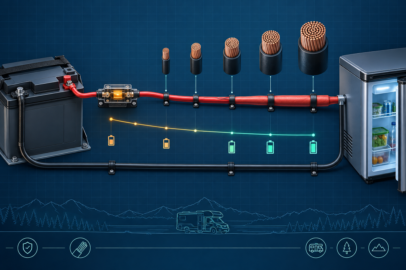 12V battery fuse cable and refrigerator diagram showing conductor size and voltage drop