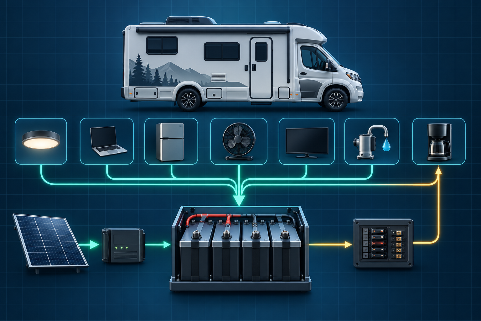 RV battery bank sizing diagram showing loads, solar charging and protected distribution
