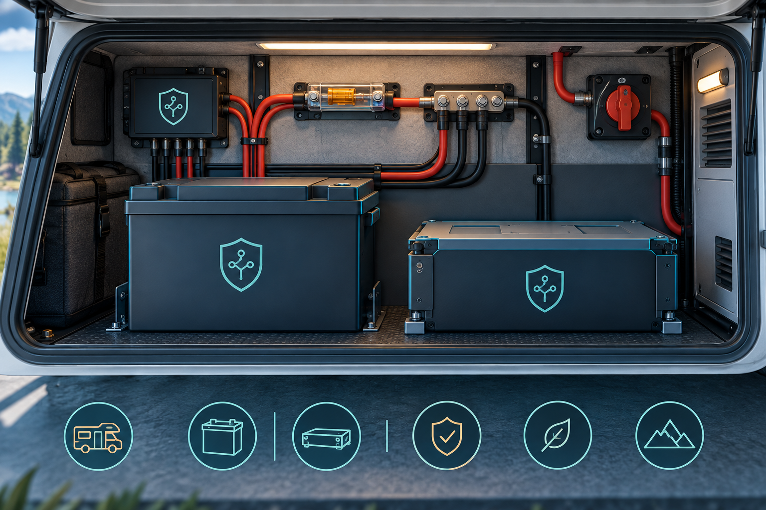 Protected RV lithium battery installation with BMS fuse disconnect and organized cabling